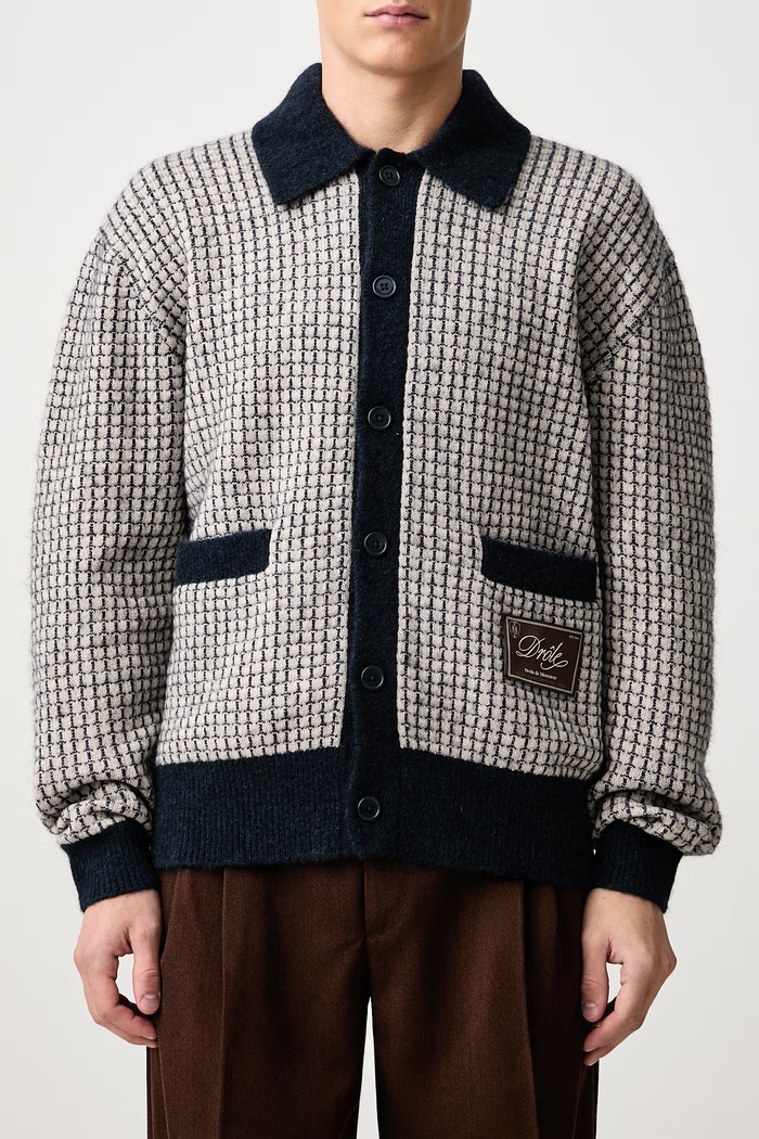 Kardigan męski z wełną Waffle Drule Patch Drôle de Monsieur granatowy M.CA191.WO018