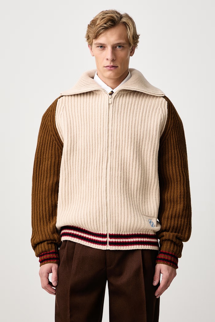 Drôle de Monsieur Sweter rozpinany męski wełniany Sherpa D mirror beżowy M.CA197.WO018