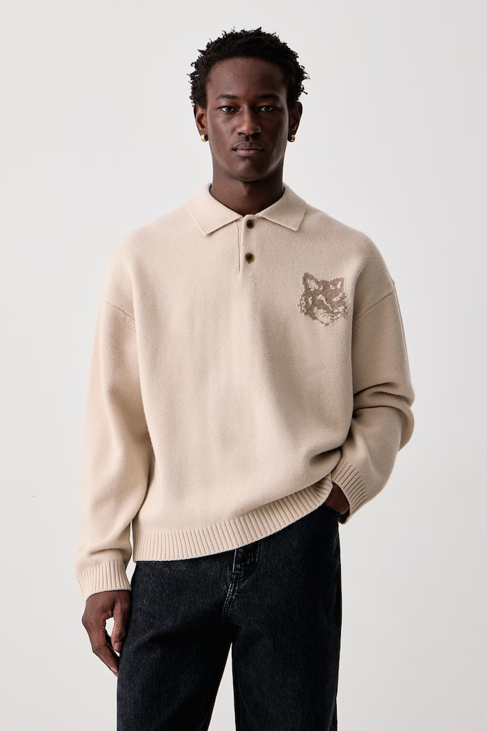 Maison Kitsuné Fox Head sweter wełniany męski beżowy MRMKL00KM0329