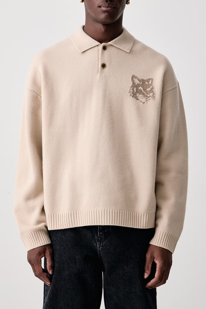 Fox Head sweter wełniany męski Maison Kitsuné beżowy MRMKL00KM0329