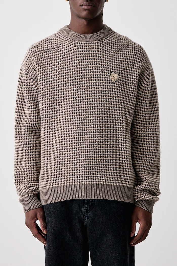 Fox Head sweter wełniany męski Maison Kitsuné beżowy MRMKJ16KT1228