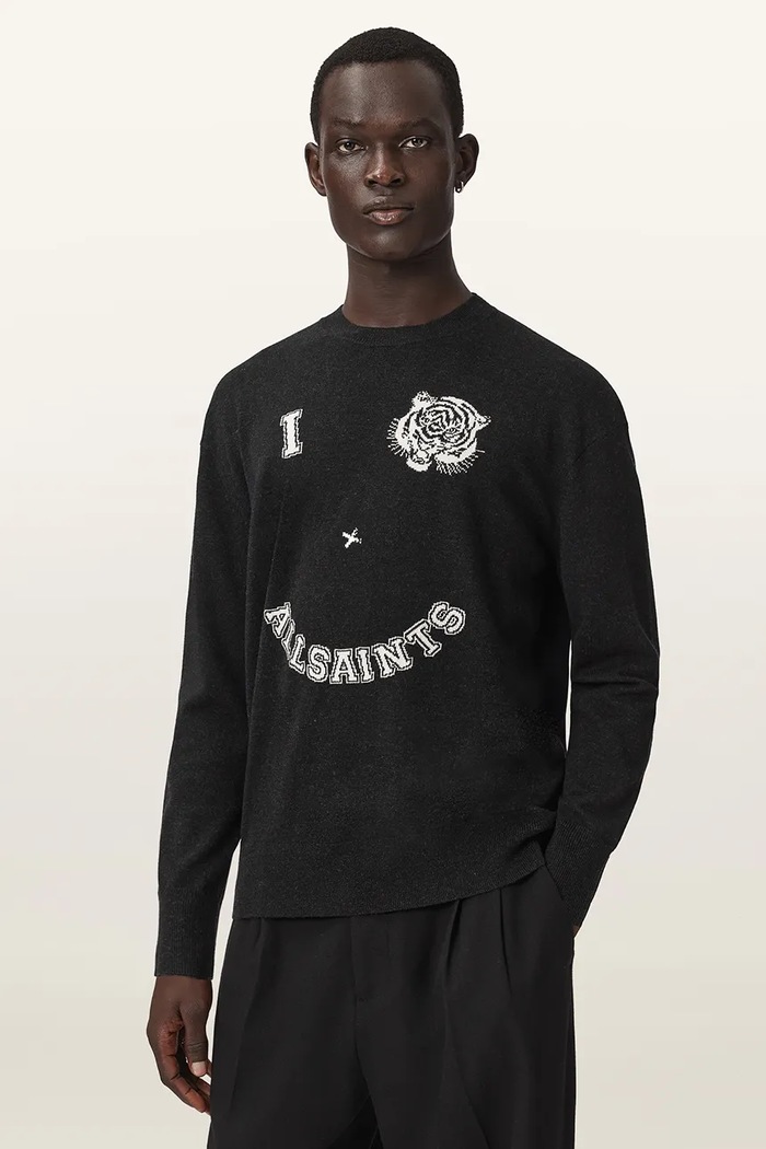 AllSaints Sweter męski z wełną GRINNER CREW czarny M023KF