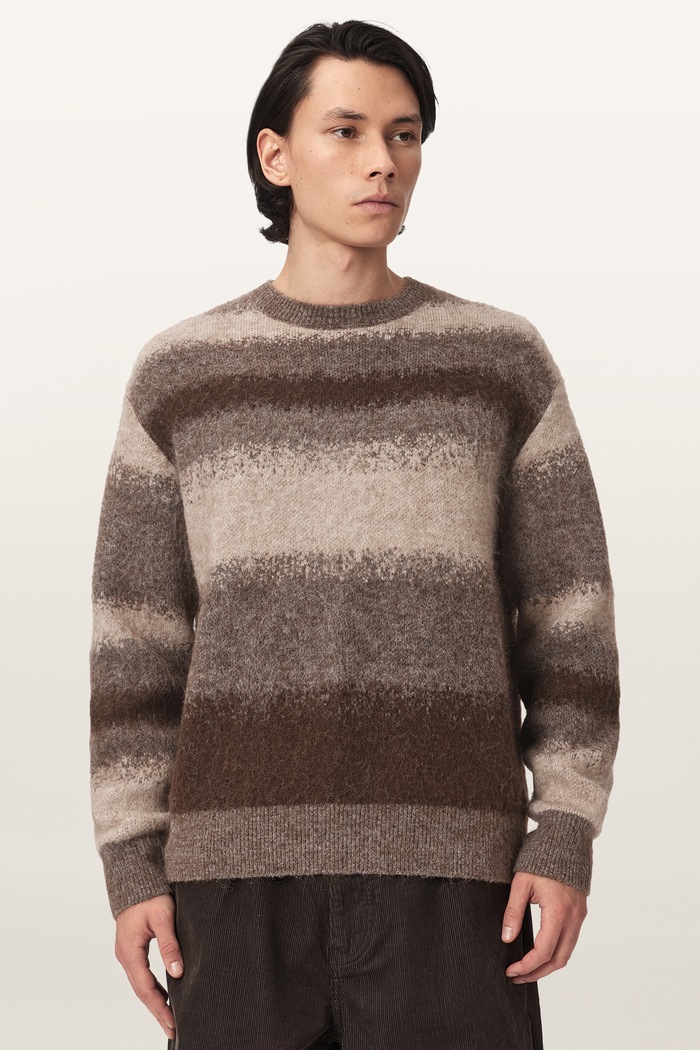 AllSaints Sweter męski z wełną merino KLAIN CREW brązowy M012KF
