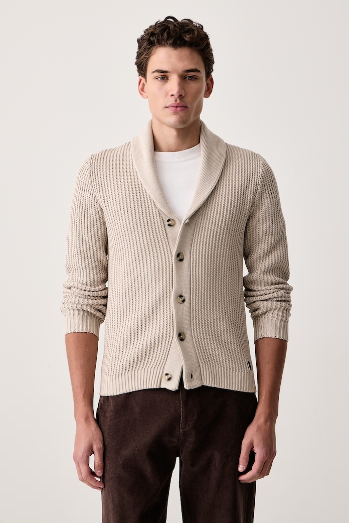 U.S. Polo Assn. Kardigan męski bawełniany SHAWL COLLAR KNIT beżowy MUP5427