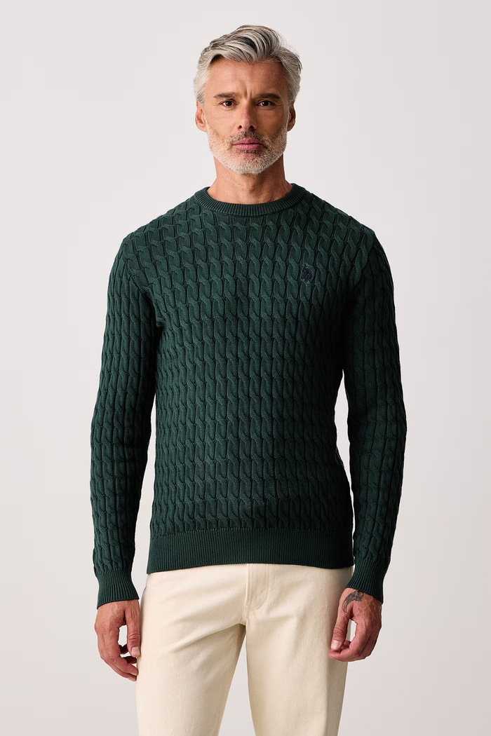 U.S. Polo Assn. Pulover za muškarce od pamuka CLASSIC COTTON CABLE KNIT CREW zelena MUP5410