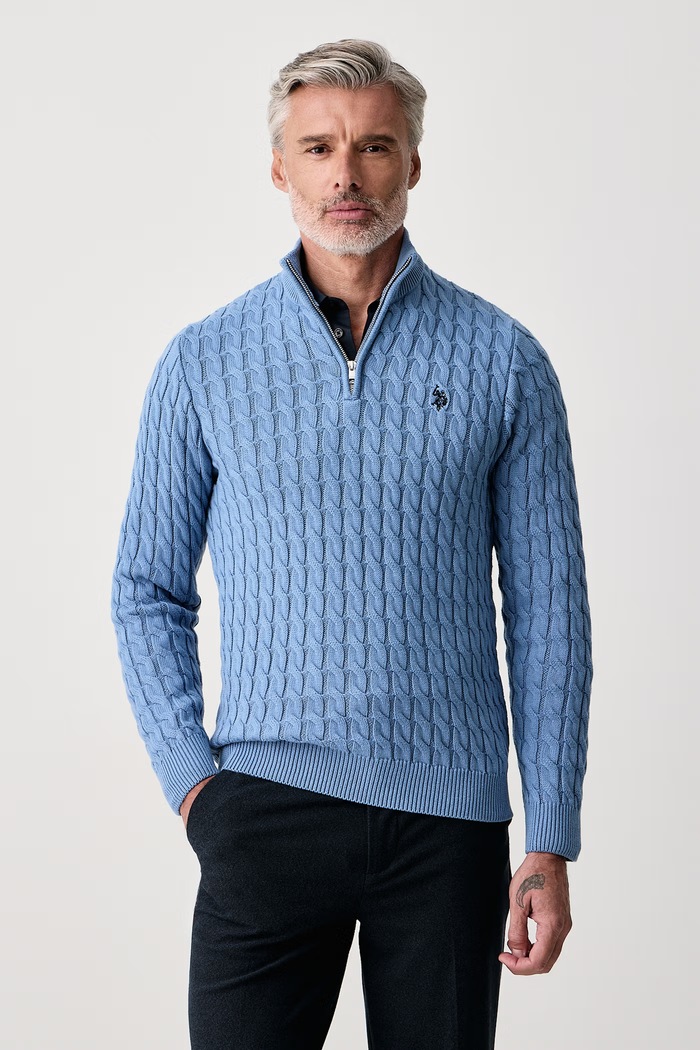 U.S. Polo Assn. Πουλόβερ ανδρικό βαμβακερό CLASSIC COTTON CABLE KNIT 1/4 ZIP FUNNEL μπλε MUP5411
