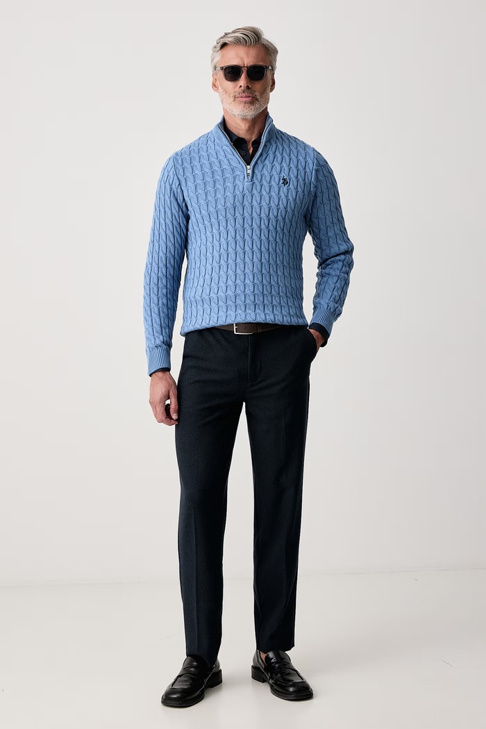 U.S. Polo Assn. Πουλόβερ ανδρικό βαμβακερό CLASSIC COTTON CABLE KNIT 1/4 ZIP FUNNEL MUP5411 μπλε AW26