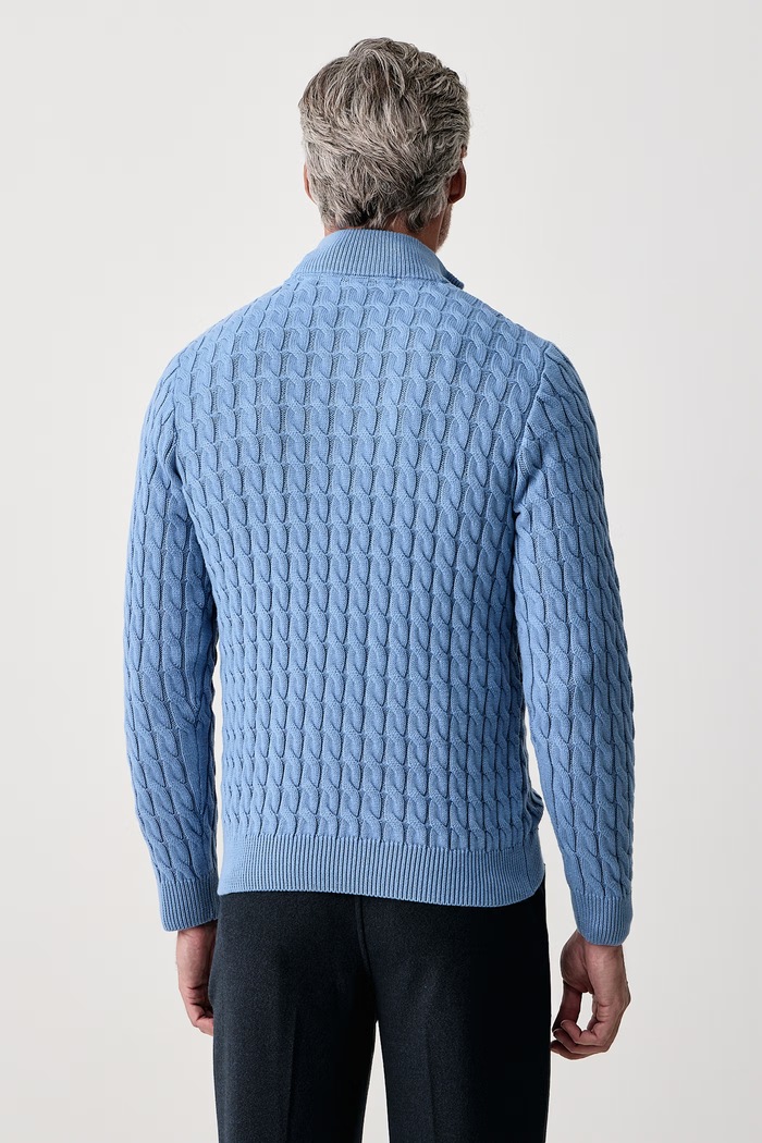 Ρούχα U.S. Polo Assn. Πουλόβερ ανδρικό βαμβακερό CLASSIC COTTON CABLE KNIT 1/4 ZIP FUNNEL MUP5411 μπλε