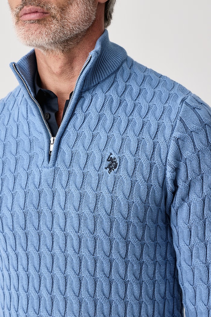 Πουλόβερ ανδρικό βαμβακερό CLASSIC COTTON CABLE KNIT 1/4 ZIP FUNNEL U.S. Polo Assn. MUP5411 μπλε