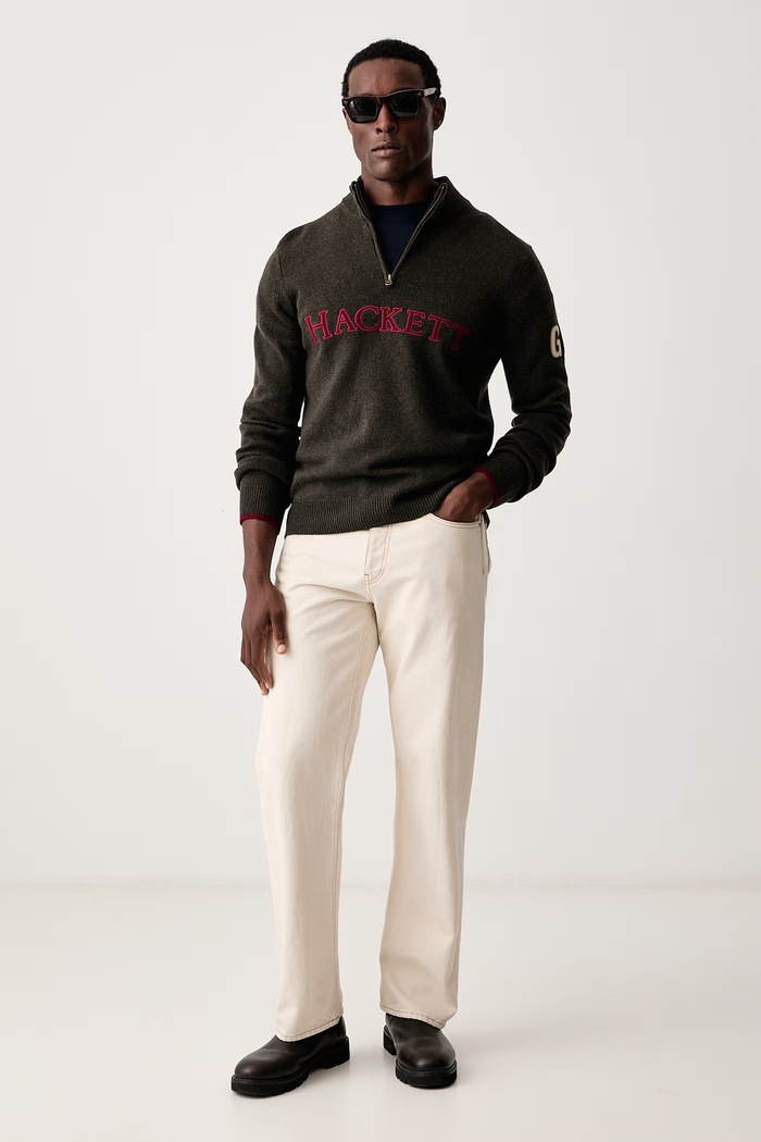 Hackett London Sweter męski z wełny merino HM7000258 zielony AW26