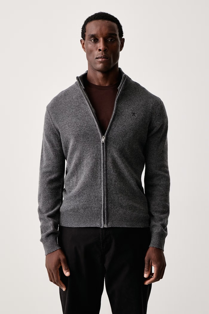 Hackett London Sweter rozpinany męski wełniany szary HM7000257