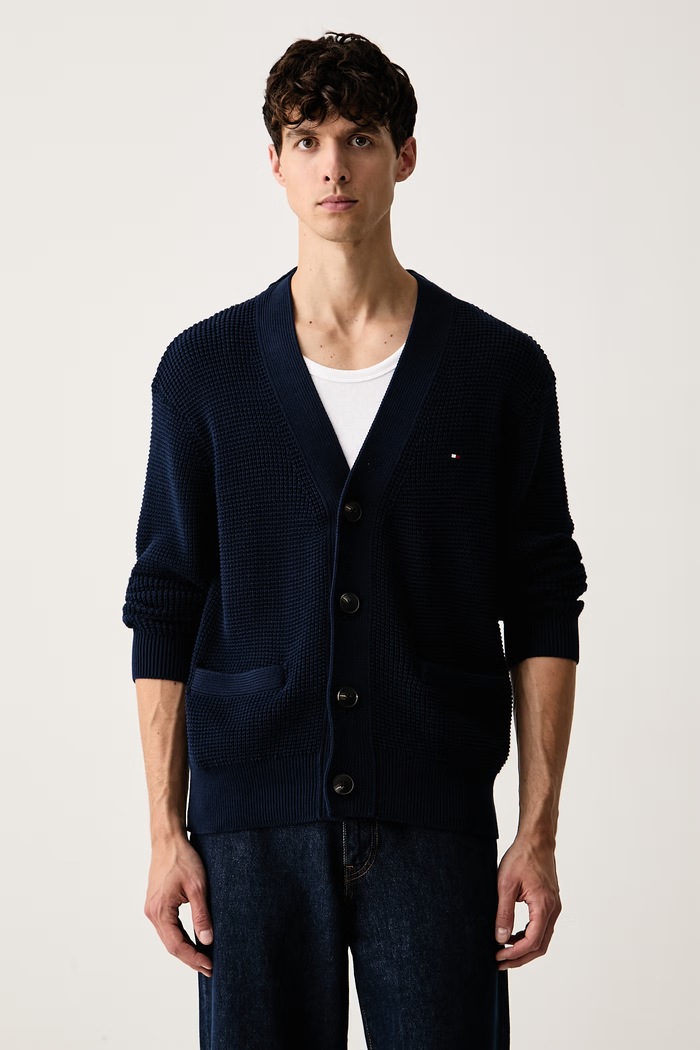 Tommy Hilfiger kardigán pánsky bavlnený tmavomodrá MW0MW45656
