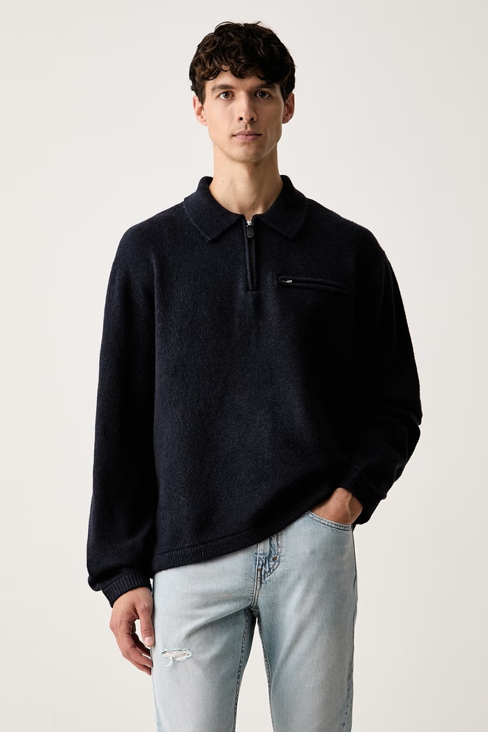 Levi's svetr pánský s příměsí vlny BOULDER COLLARED HALF ZIP námořnická modř 007W2