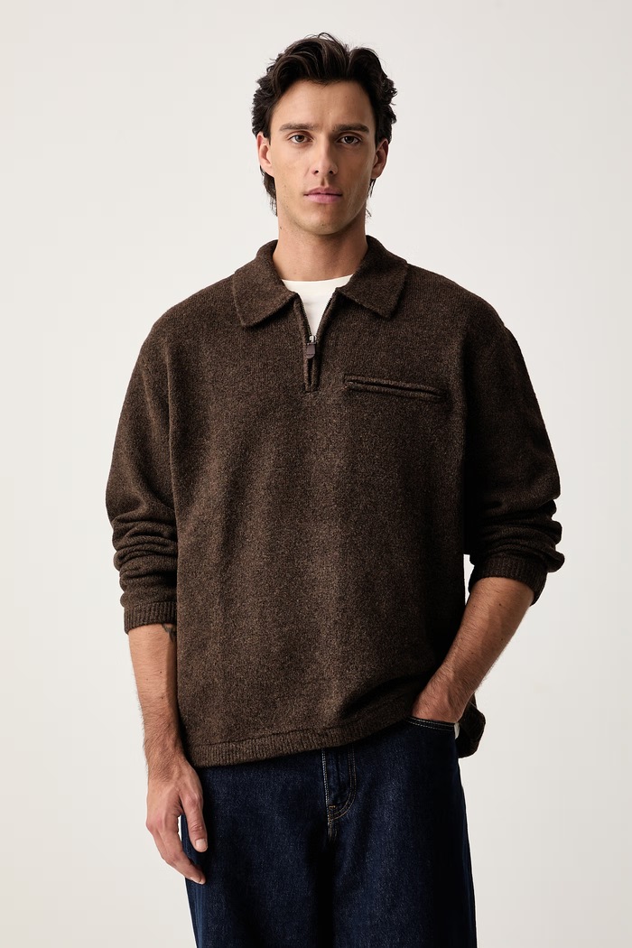 Levi's sveter pánsky s prímesou vlny BOULDER COLLARED HALF ZIP hnedá 007W2