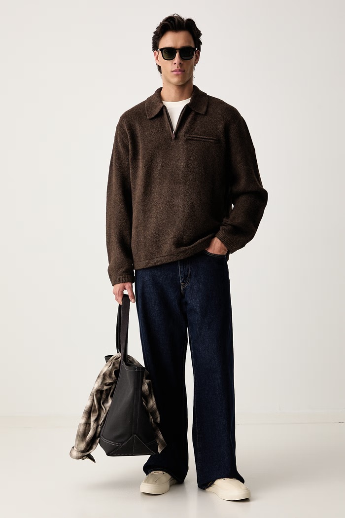 Levi's sveter pánsky s prímesou vlny BOULDER COLLARED HALF ZIP 007W2 hnedá AW26