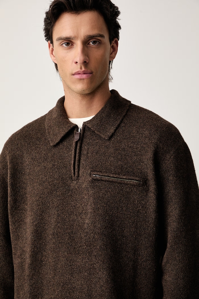 Levi's sveter pánsky s prímesou vlny BOULDER COLLARED HALF ZIP hnedá 007W2