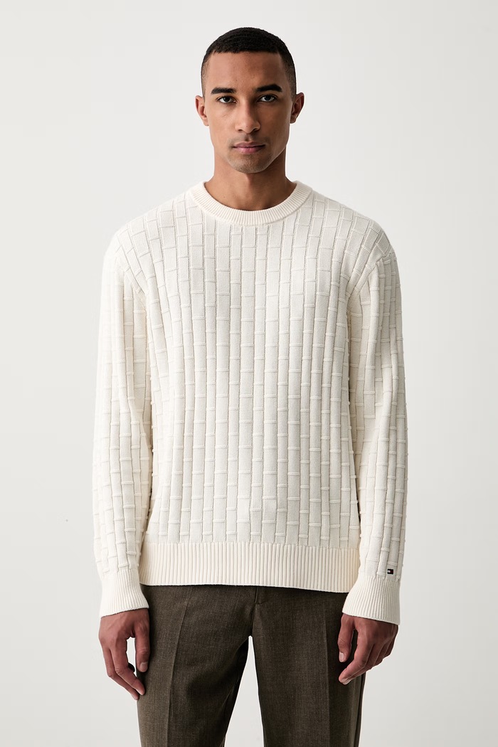 Tommy Hilfiger πουλόβερ ανδρικό βαμβακερό μπεζ MW0MW43261