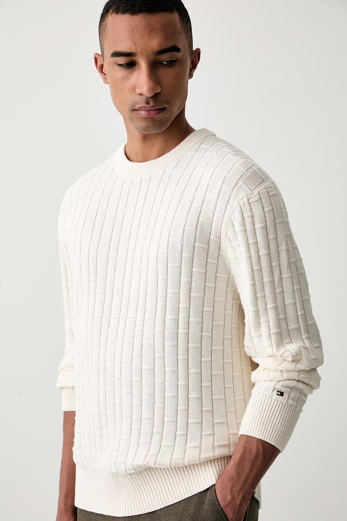 Tommy Hilfiger πουλόβερ ανδρικό βαμβακερό μπεζ MW0MW43261