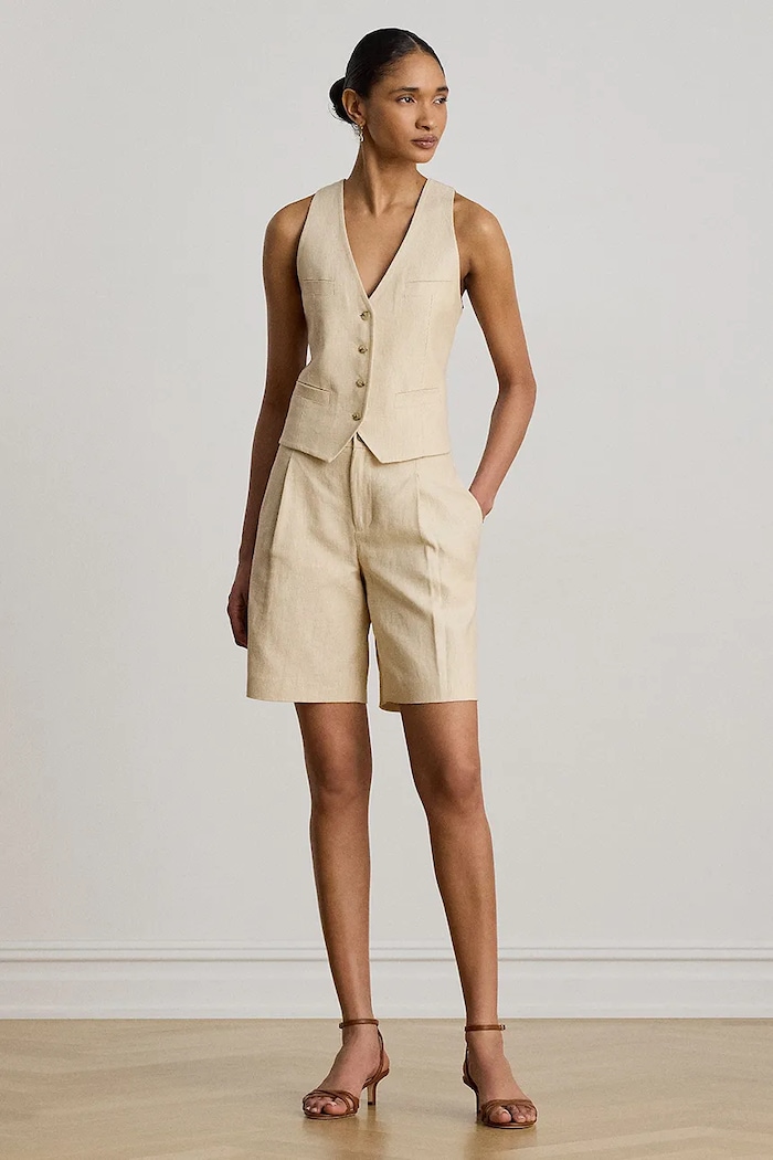 Oblečení Lauren Ralph Lauren šortky dámské lněné 200B24682 béžová