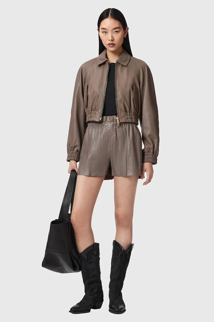 Îmbrăcăminte AllSaints pantaloni scurți pentru femei, din piele FRAN W060TE maro
