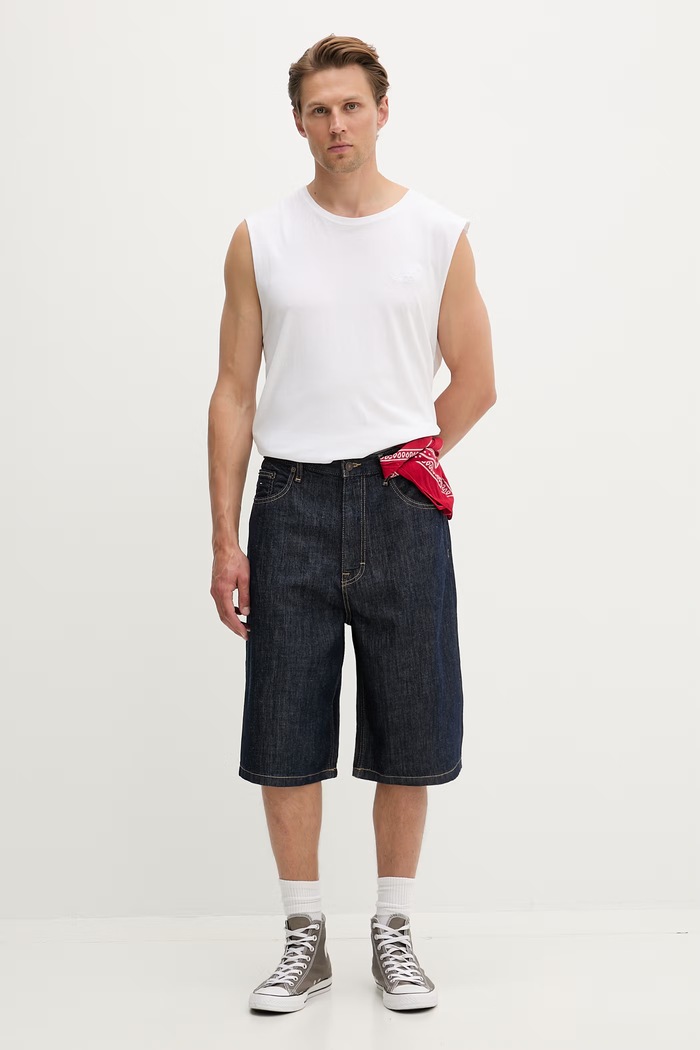 Tommy Jeans šortky pánske rifľové DM0DM23315 tmavomodrá AW26