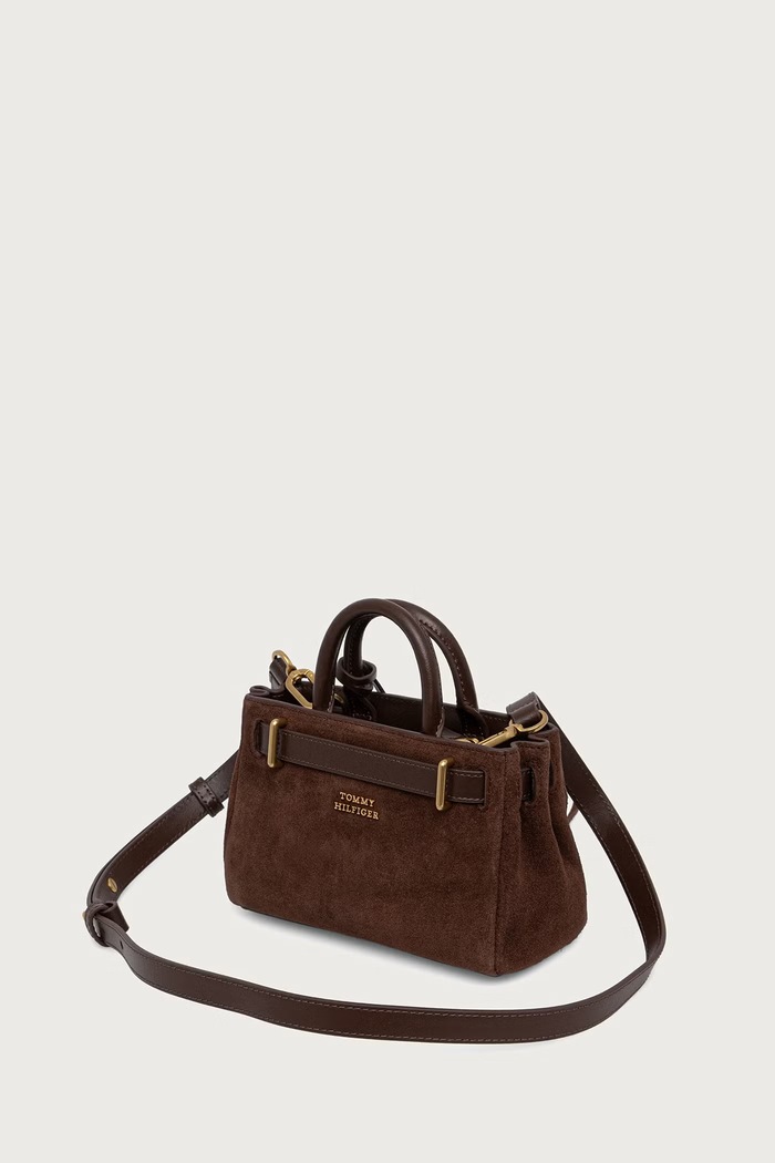 Dodatki Tommy Hilfiger Crossbody torbica ženska semišasta AW0AW19217 rjava