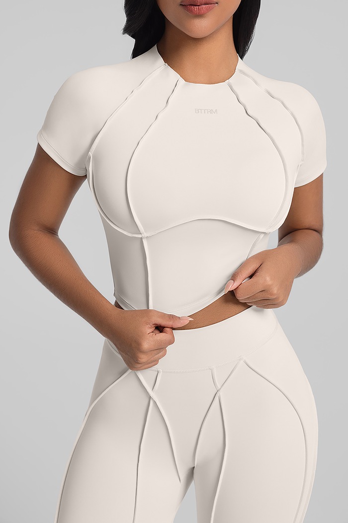 T-shirt sportowy damski Contour Stitch Crop BetterMe TSH00005 beżowy