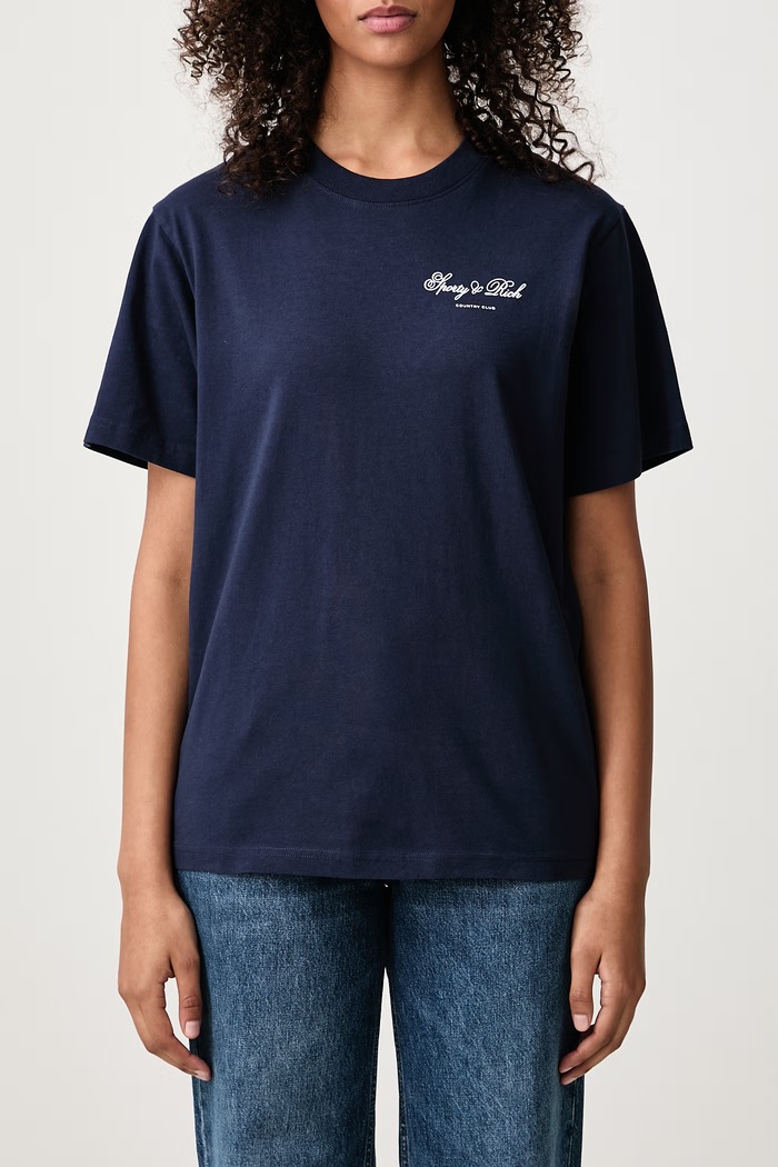 Club Script T-shirt bawełniany damski Sporty & Rich granatowy TO11985274BL106