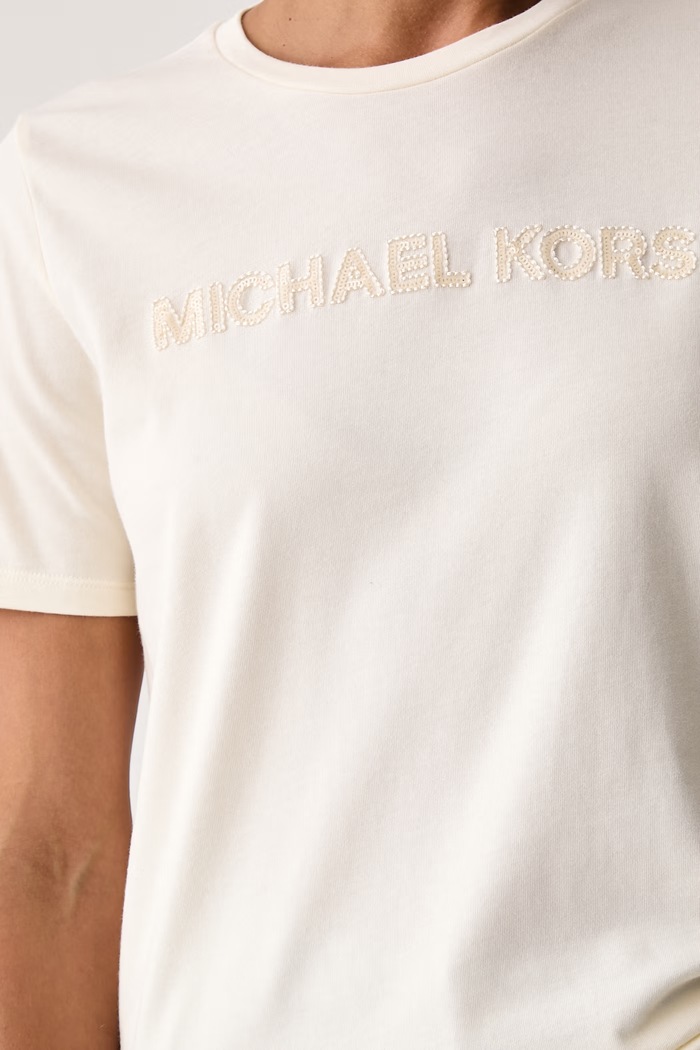 T-shirt damski bawełniany MICHAEL Michael Kors MF6528D97J beżowy