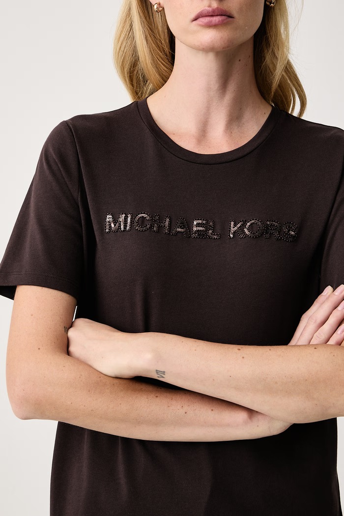 T-shirt damski bawełniany MICHAEL Michael Kors MF6528D97J brązowy