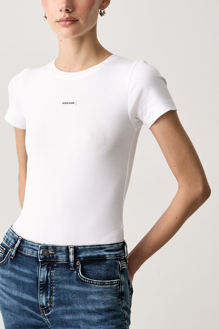 T-shirt damski bawełniany z elastanem Guess Jeans biały W6BP04.K5468