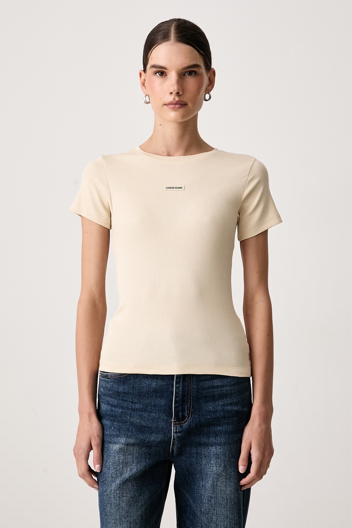Guess Jeans T-shirt damski bawełniany z elastanem beżowy W6BP04.K5468