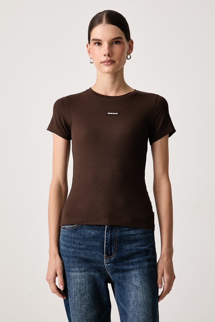 Guess Jeans T-shirt damski bawełniany z elastanem brązowy W6BP04.K5468