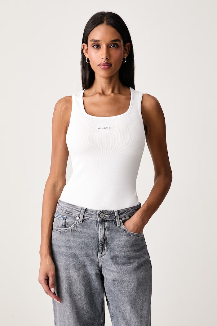 Guess Jeans Τοπ γυναικείο βαμβακερό με ελαστάν λευκό W6BP03.K5467