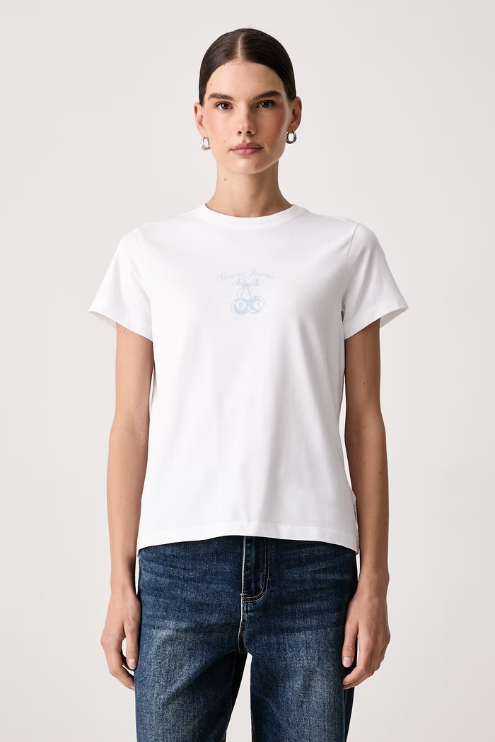 Guess Jeans T-shirt damski bawełniany z elastanem biały W6BI15.K5599