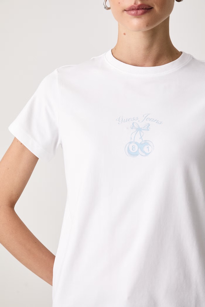 Odzież Guess Jeans T-shirt damski bawełniany z elastanem W6BI15.K5599 biały