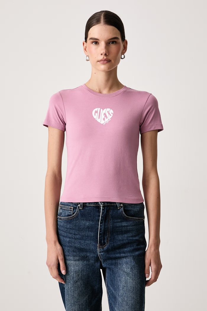 Guess Jeans T-shirt damski bawełniany z elastanem różowy W6BI13.K5597