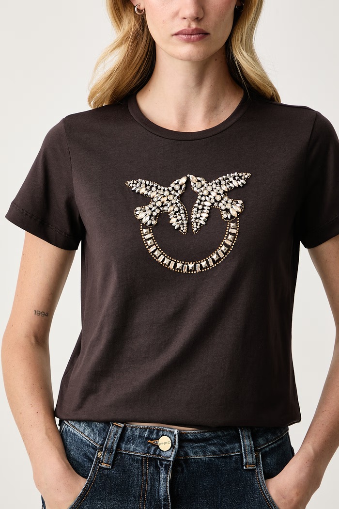 T-shirt damski z bawełną Pinko 100535.A3JP brązowy