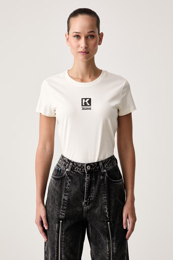 Karl Lagerfeld Jeans T-shirt damski z modalem beżowy B4W17009