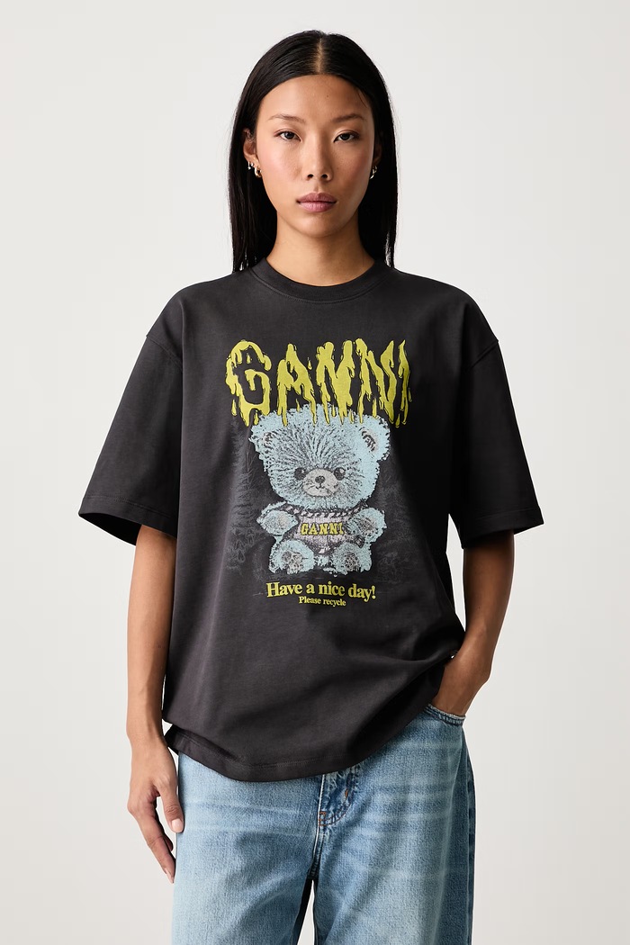 GANNI Forest Teddy tricou oversized din bumbac pentru femei gri A1050303