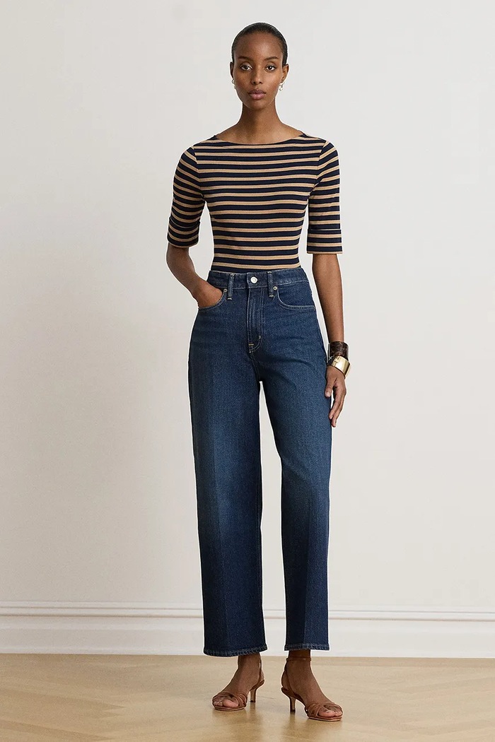 T-shirt damski bawełniany z elastanem Lauren Ralph Lauren granatowy 200B27417