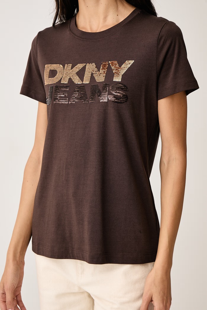 T-shirt damski z bawełną DKNY DJ6T1846 brązowy