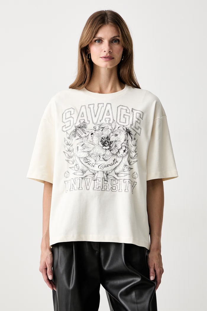 Just Cavalli T-shirt damski bawełniany beżowy 81PAHT03.CJ518