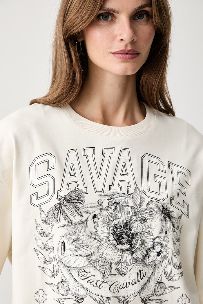 Just Cavalli T-shirt damski bawełniany beżowy 81PAHT03.CJ518