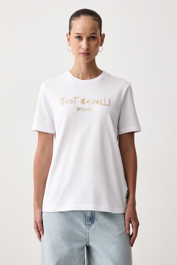 Just Cavalli T-shirt damski bawełniany biały 81PAHF02.CJ800