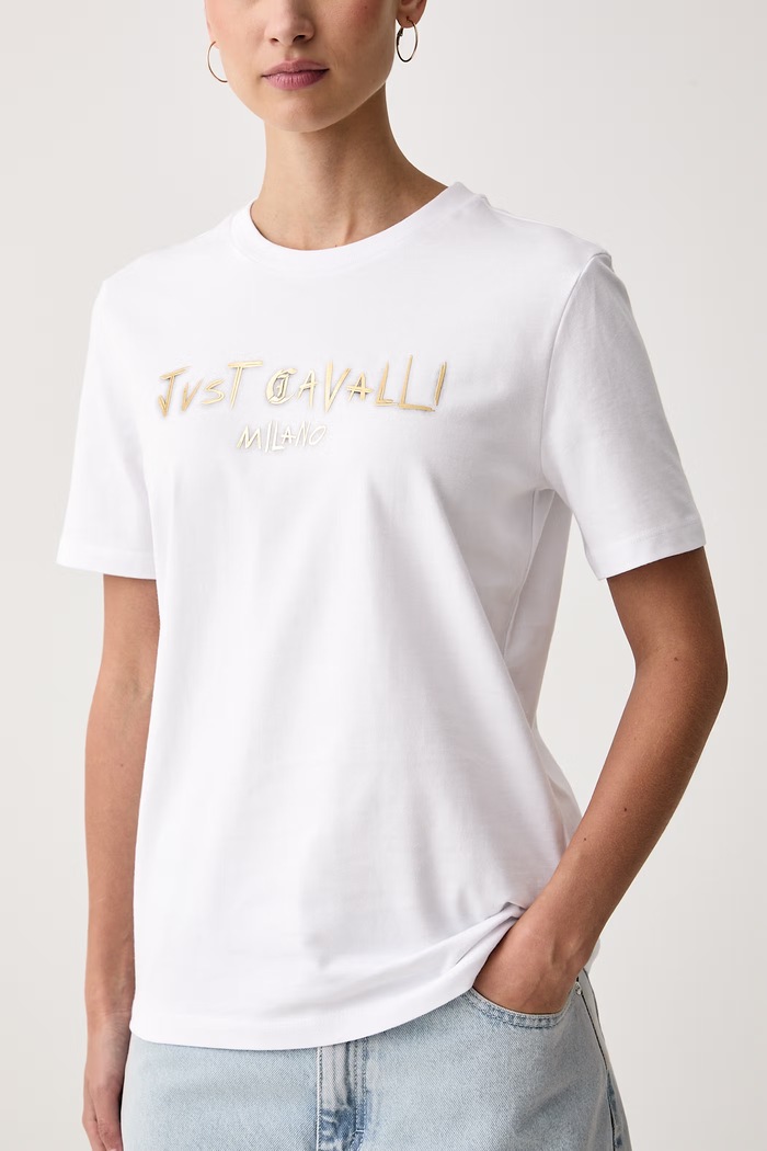 Odzież Just Cavalli T-shirt damski bawełniany 81PAHF02.CJ800 biały