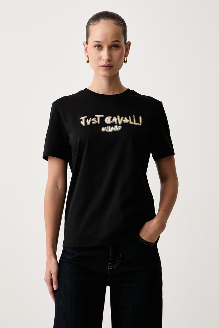 Just Cavalli T-shirt damski bawełniany czarny 81PAHF02.CJ800