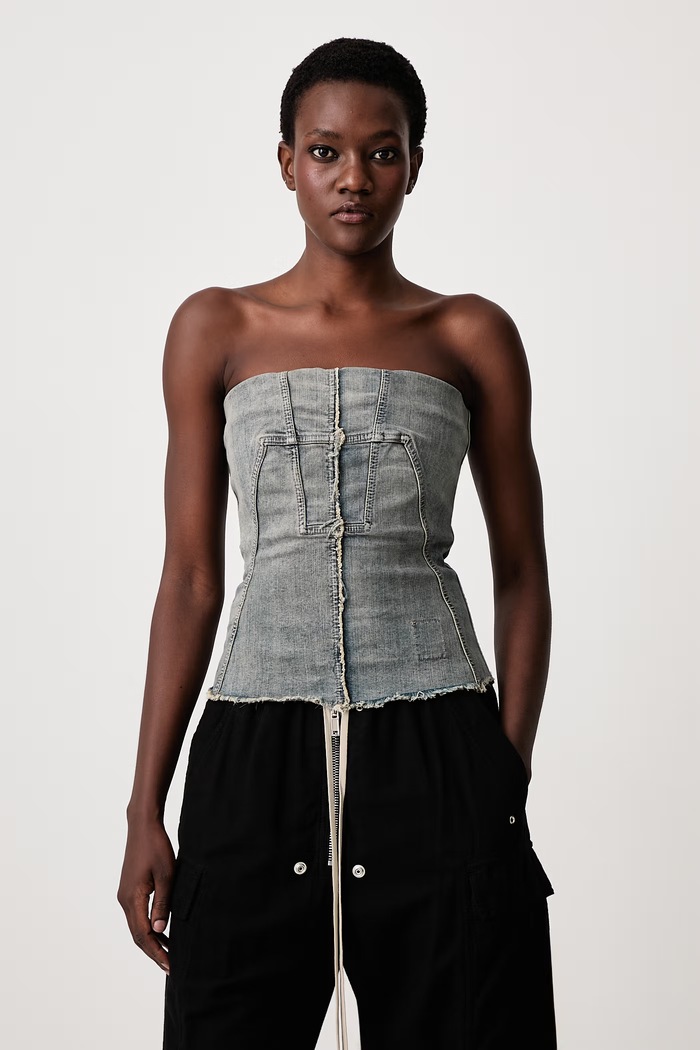 Rick Owens DRKSHDW Splintered Bustier halenka dámská džínová s vybledlým efektem modrá DS02F6127.SDMI