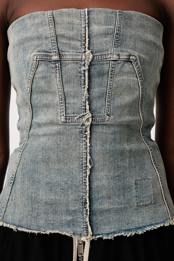 Rick Owens DRKSHDW Splintered Bustier halenka dámská džínová s vybledlým efektem DS02F6127.SDMI