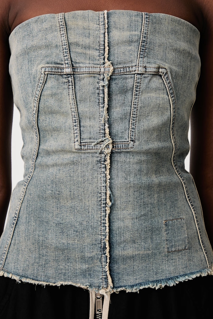 Rick Owens DRKSHDW Splintered Bustier halenka dámská džínová s vybledlým efektem DS02F6127.SDMI
